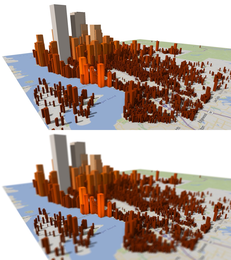 Screenshots of two chart renderings each overlaid on a map of Puget Sound in SandDance; the 2nd chart showing a depth-of-field camera lens effect.