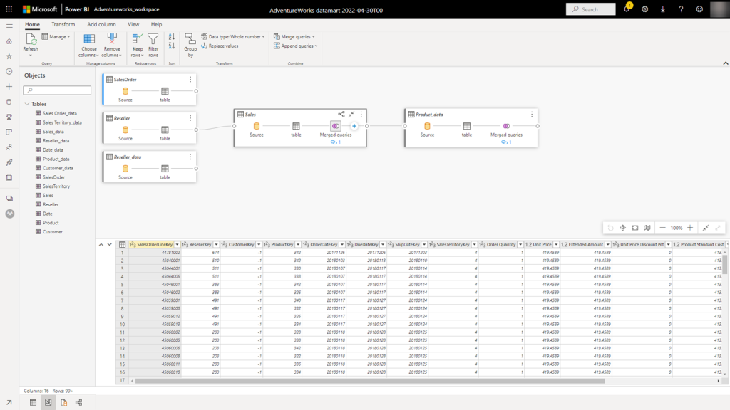 Power BI's web interface now hosts query steps and a preview of data being loaded. The interface follows the Office ribbon and panes design.