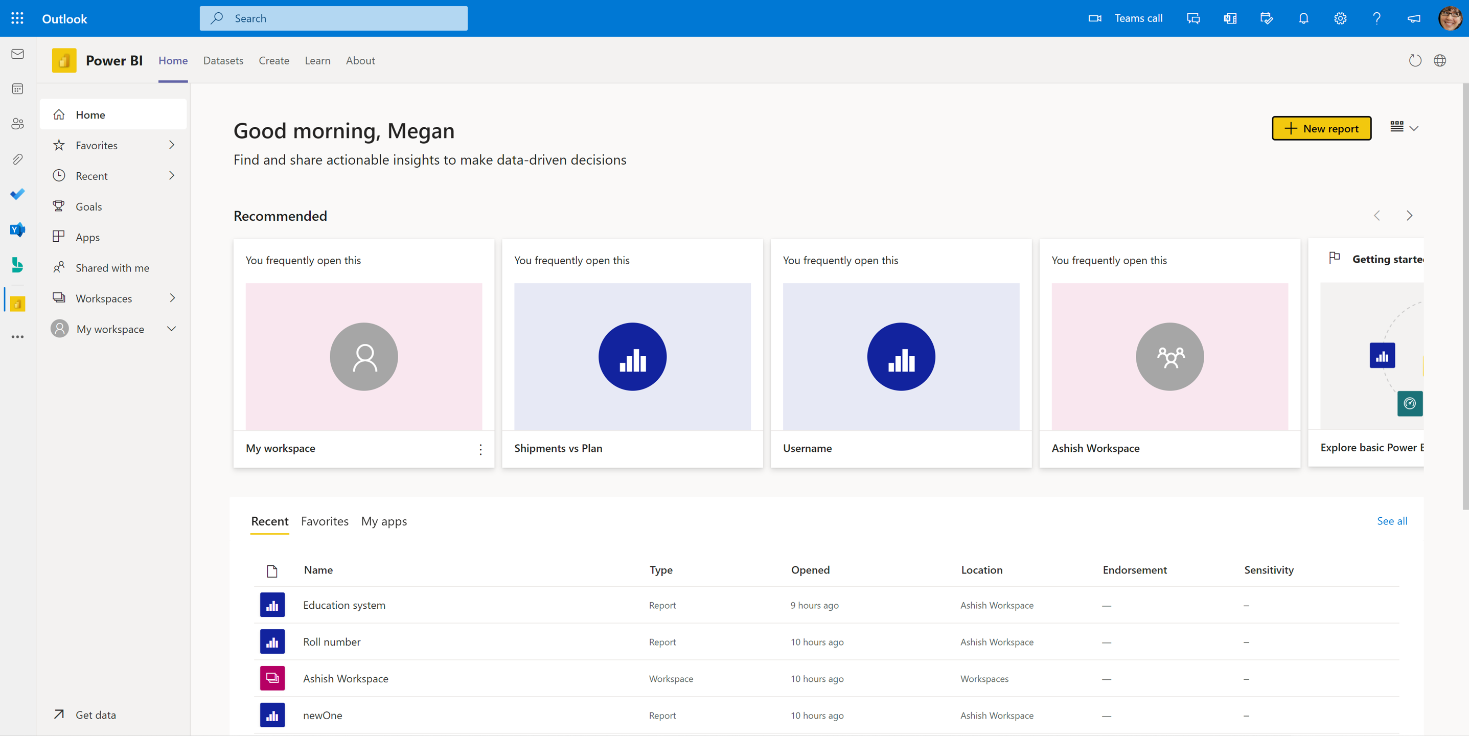 Screenshot of the Power BI interface in Microsoft Outlook. 