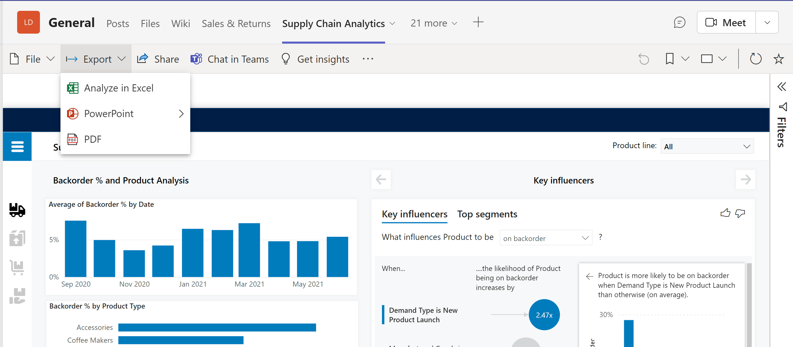 Screenshot of the action bar for interactive reports in the Power BI tab for Microsoft Teams with the export menu expanded.