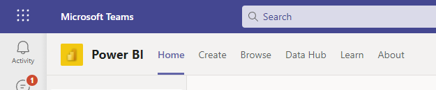 Screenshot of the new Power BI personal app for Microsoft Teams, with the new top navigation shown featuring the new Browse page