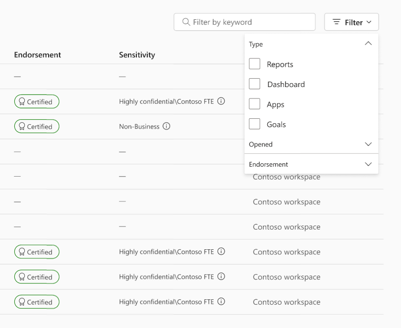 Screenshot of the new Browse page in the Power BI service, with filters shown for filtering by file type, when last opened, and endorsement