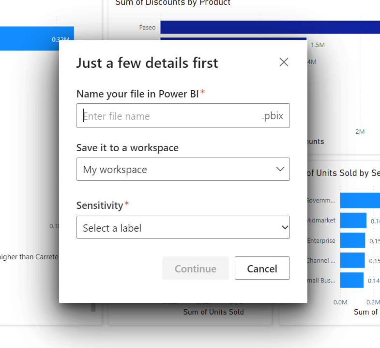 Save dialog with the options to name the file, pick a workspace to save it to, and set a sensitivity label.