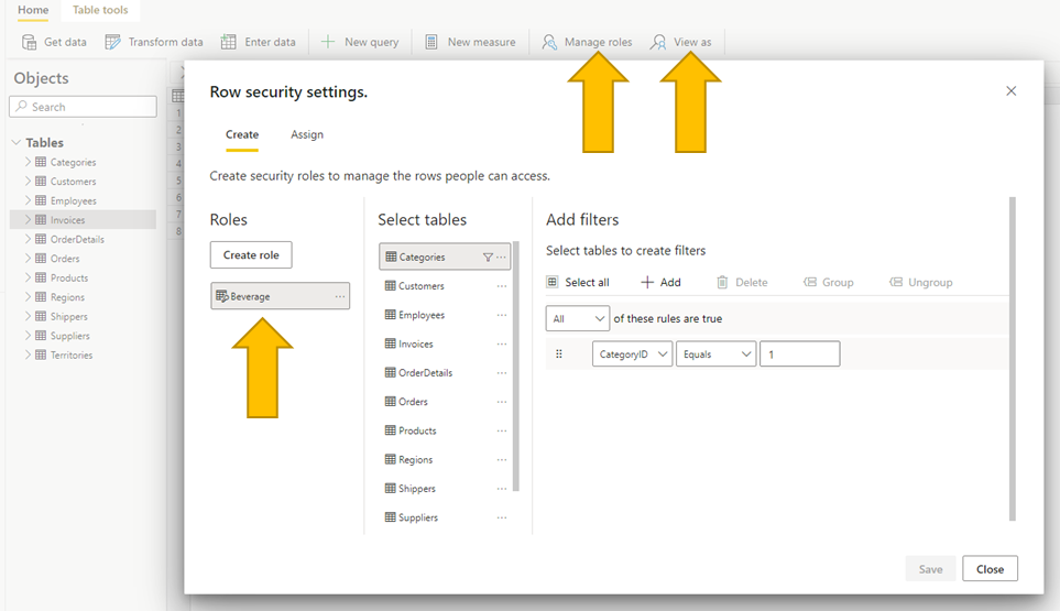 Datamarts Row Level Security configuration