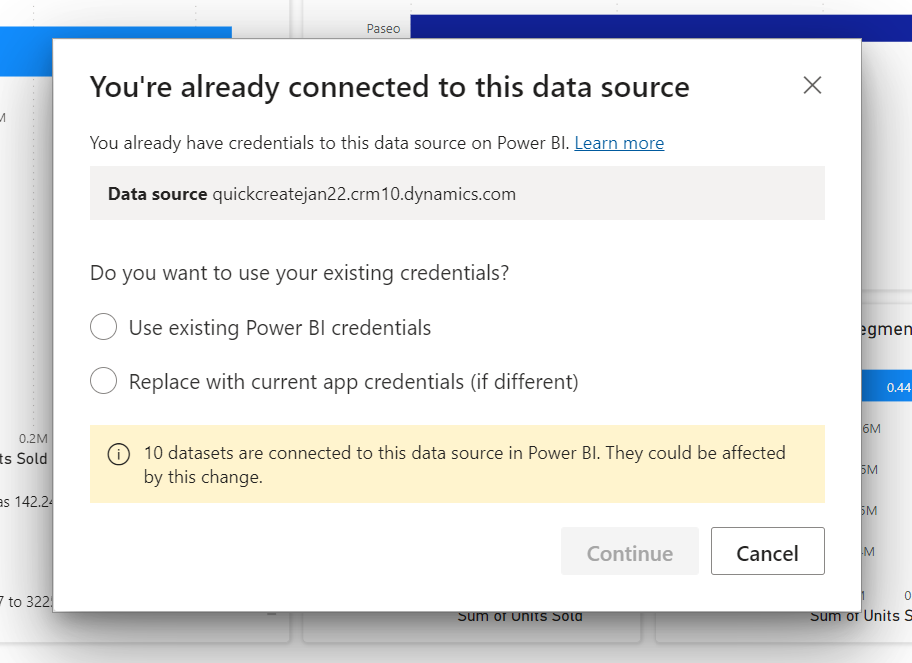 A dialog that lets user pick how they want to handle credentials and how many datasets are impacted.