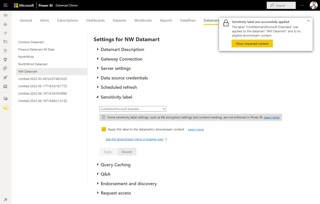 Datamart Settings- Sensitivity Labels