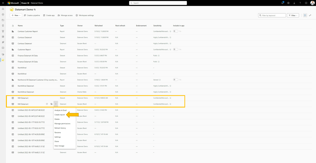 Workspace view- of datamarts and auto-generated dataset