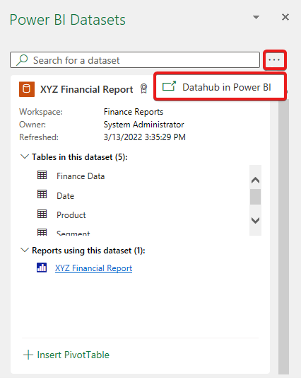 Navigating to the Power BI Data hub from Excel