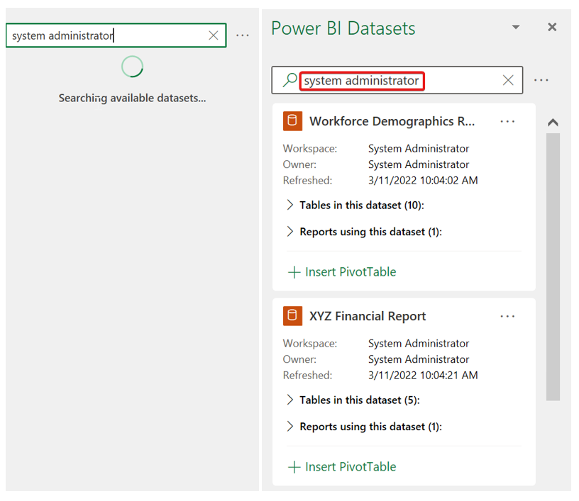 Searching for data in the Power BI dataset pane in Excel