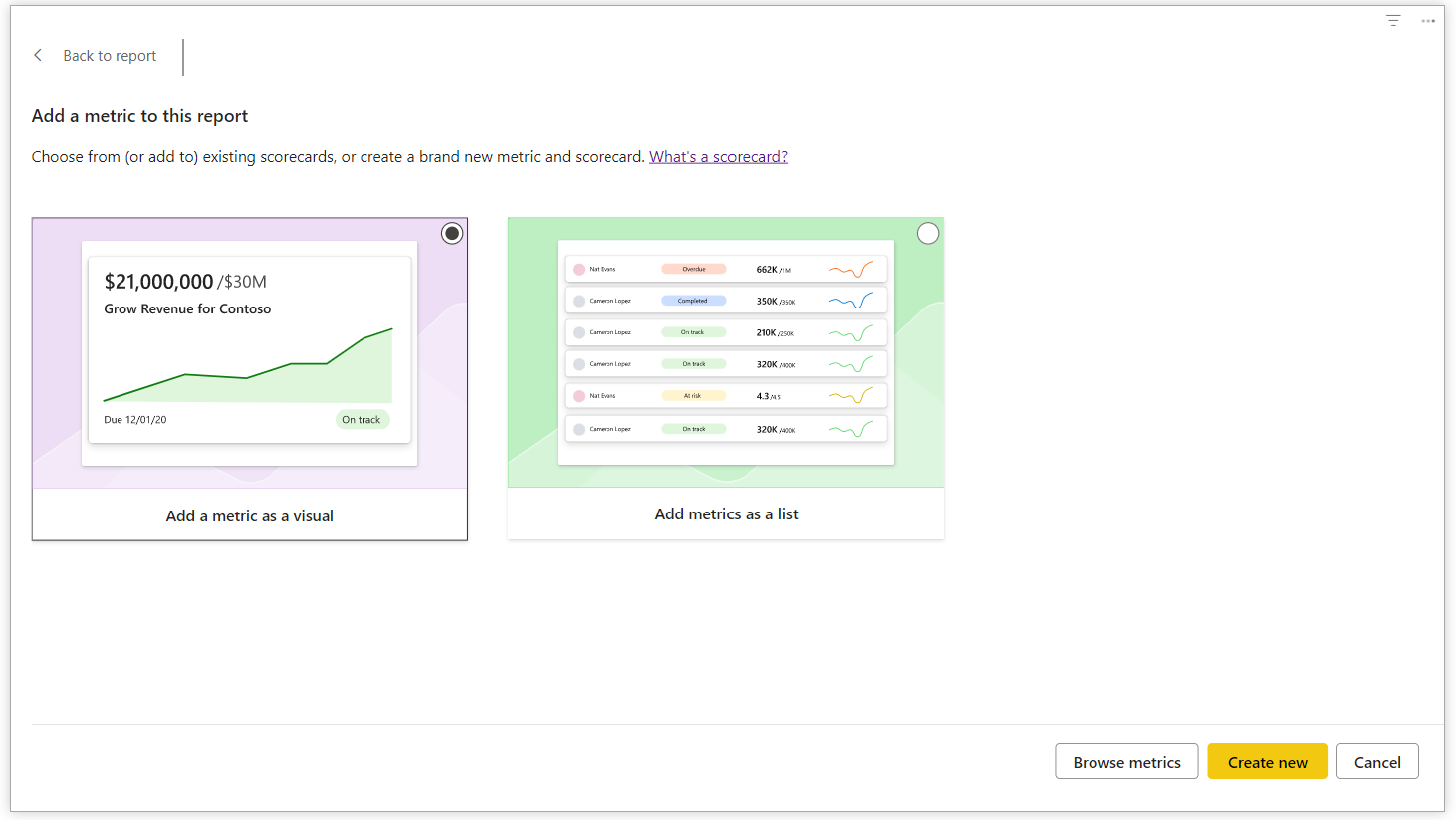 Screenshot showing options to add a metric visual