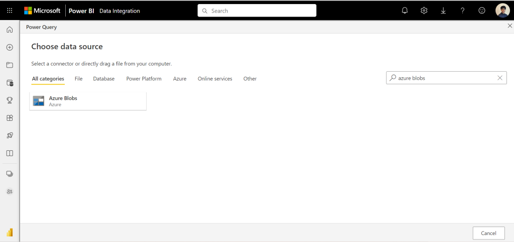 On the Choose data source page in the Power BI Online service, search for and select your data source.