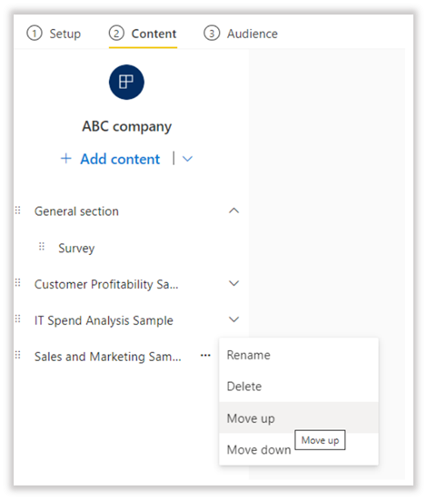 graphical user interface showing how to use move-up and move-down menu options to re-order the content lists