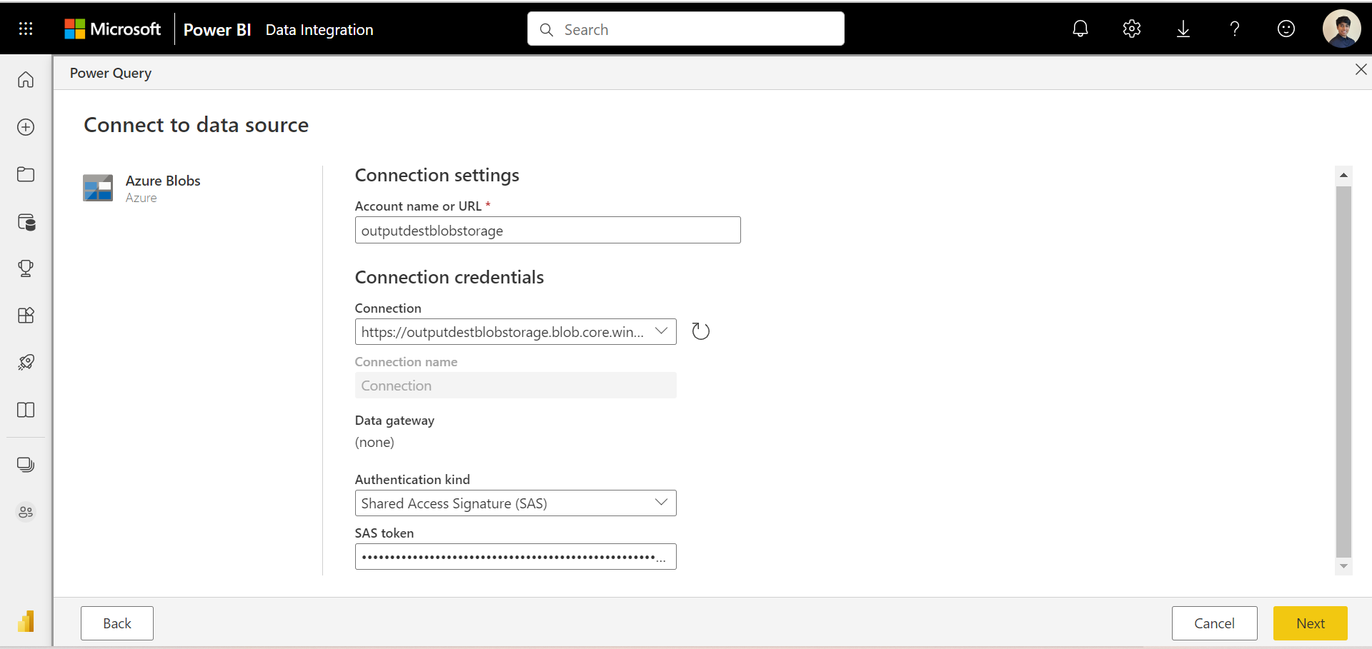 Select Shared Access Signature (SAS) from the Authentication kind drop down and paste the SAS token for the data source. You can get the SAS token from the azure portal. In the portal, navigate to your resource and under security and networking, select SAS and copy the token.