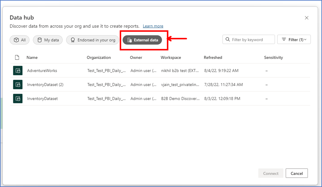 A screenshot of the new "external data" tab on the Data Hub pop up in Power BI Desktop