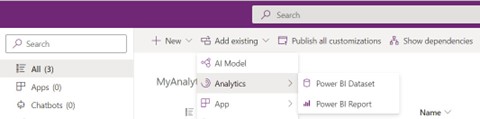 A screenshot of the new Analytics menu in Power Apps solutions which includes options to add a Power BI Dataset or a Power BI Report. 