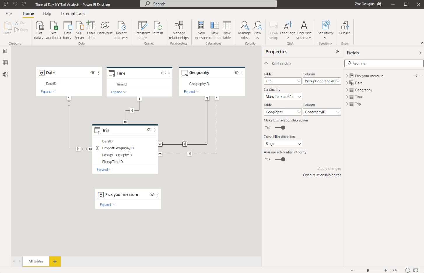 screenshot of the relationship editing capabilities on the properties pane in the modeling view in Power BI desktop. 