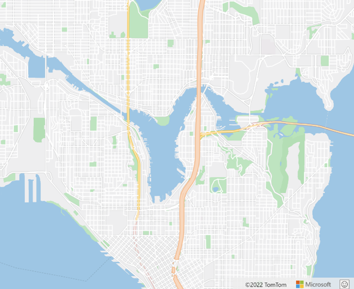 A map with labels off. Labels for cities, neighborhoods, parks, etc. are not shown.