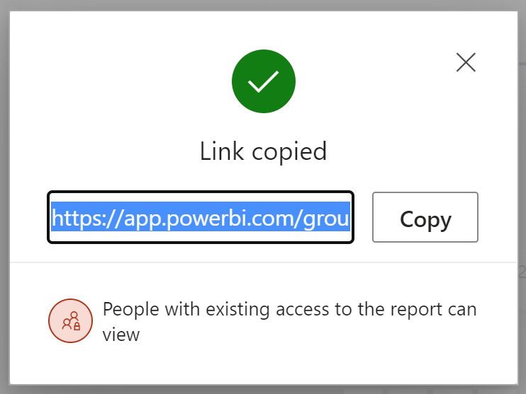 Screenshot of a Power BI dialog titled Link copied that shows a link created for a specific visual. The link is selected so it can be copied. There is a label saying that people with existing access to the report can view the link.