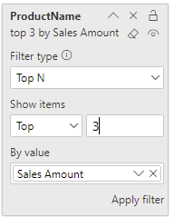 Filter pane showing a filter set to ProductName top 3 by Sales Amount