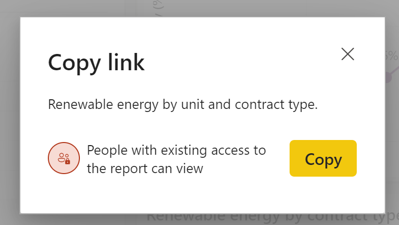 Screenshot of a Power BI dialog titled Copy Link that allows users to copy a link to a visual for people with existing access to the report. There is a copy button and the title of the visual is provided.