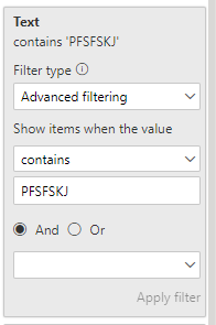 Filter pane showing a filter set to 'contains PFSFSKJ'