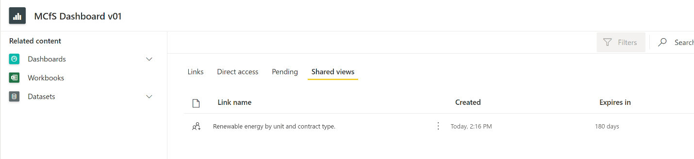 Screenshot of a Power BI screen for managing Shared Views. A list of shared views is shown with a link labeled Renewable energy by unity and contact type in the list. The list show the data the link was create and that it expires in 180 days. A menu is available on the link row that offers options to rename and delete the link.