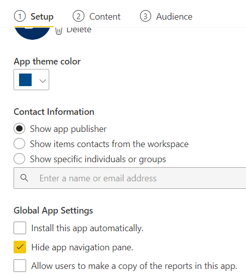 Setup tab showing a setting that would allow app authors to by default collapse app navigation pane 