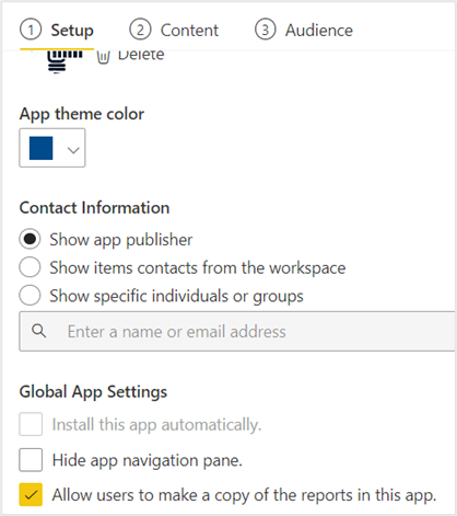 Setup tab showing settings that would allow users to make/save a copy of the reports in the app 