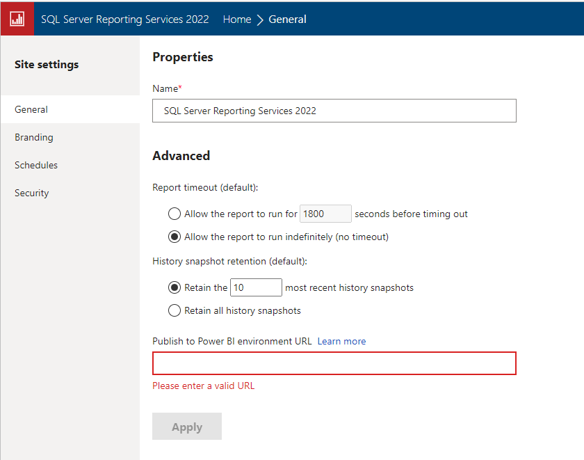 Shows the properties page in SQL Server Reporting Services 2022