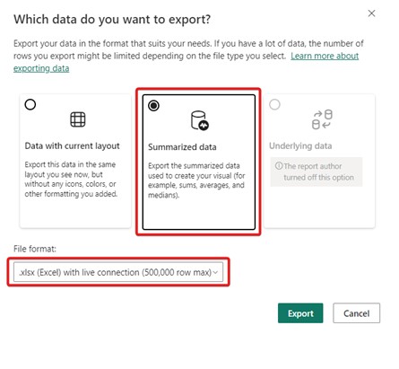 The "Export data" dialog in the Power BI service.