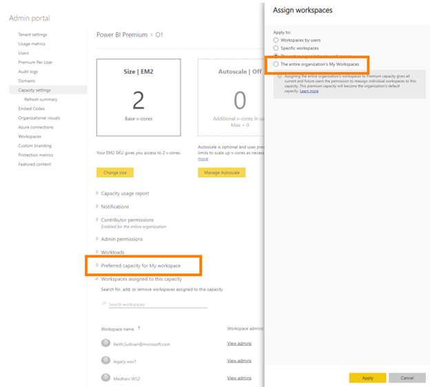 How to assign all new and existing My workspaces to a capacity