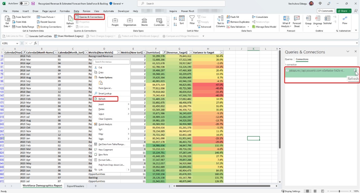 An Excel workbook containing an Excel table showing a live Power BI connection..