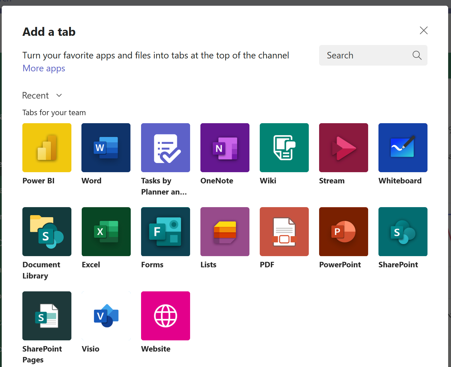 A screenshot of Microsoft Team's Add a Tab screen with the Power BI app listed.