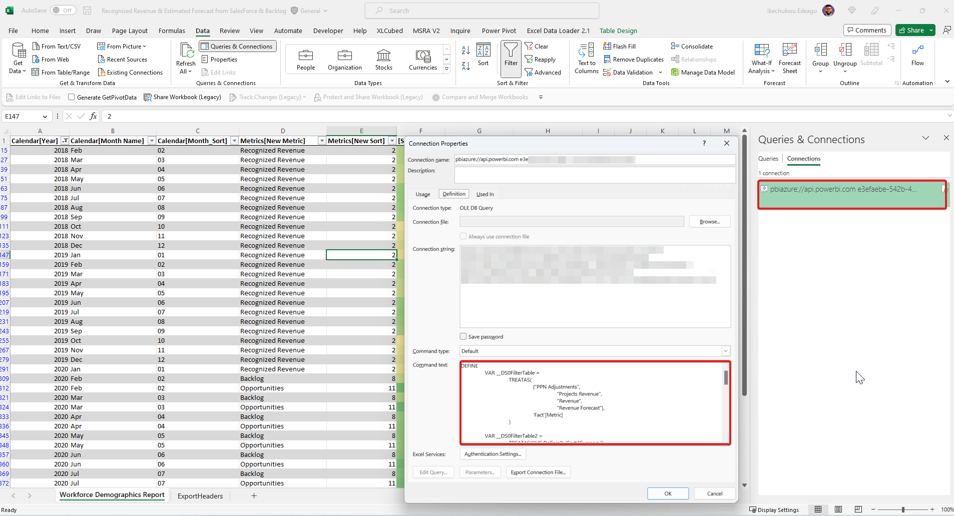 An Excel workbook showing "Connection Properties" and the DAX statement behind an Excel table.