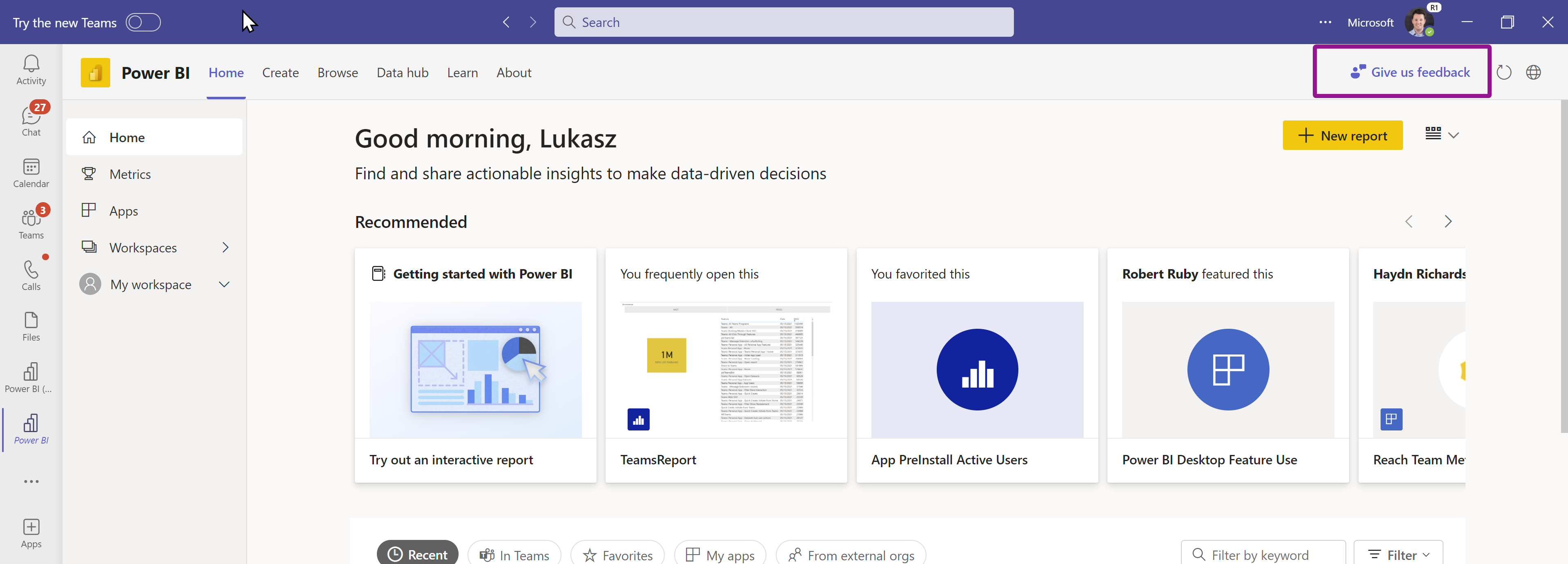 Power BI app in Microsoft Teams with the new Give us feedback option in the app header. 