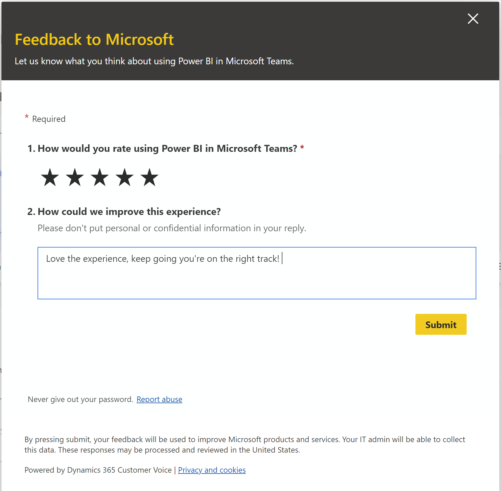 The new feedback survey for Power BI in Microsoft Teams.