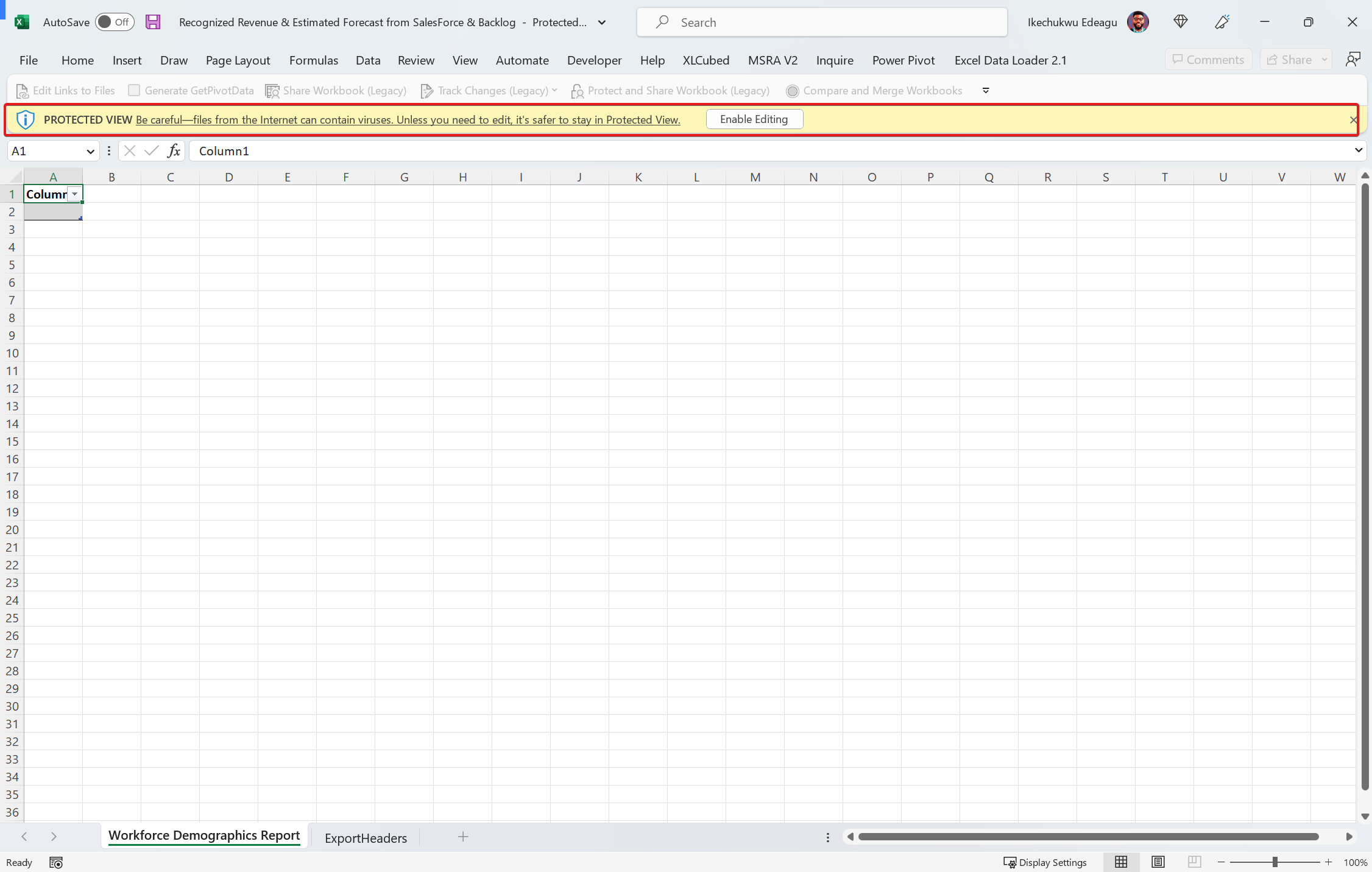 An Excel workbook opened in "Protected View" and containing live data exported from a Power BI report.