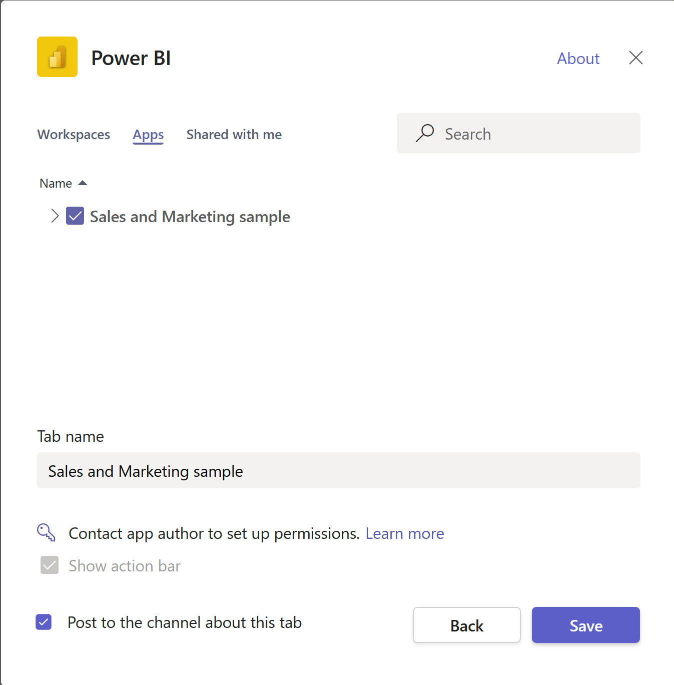 Screenshot of the Power BI tab configuration screen apps tab, with the new checkbox for embedding entire apps checked.