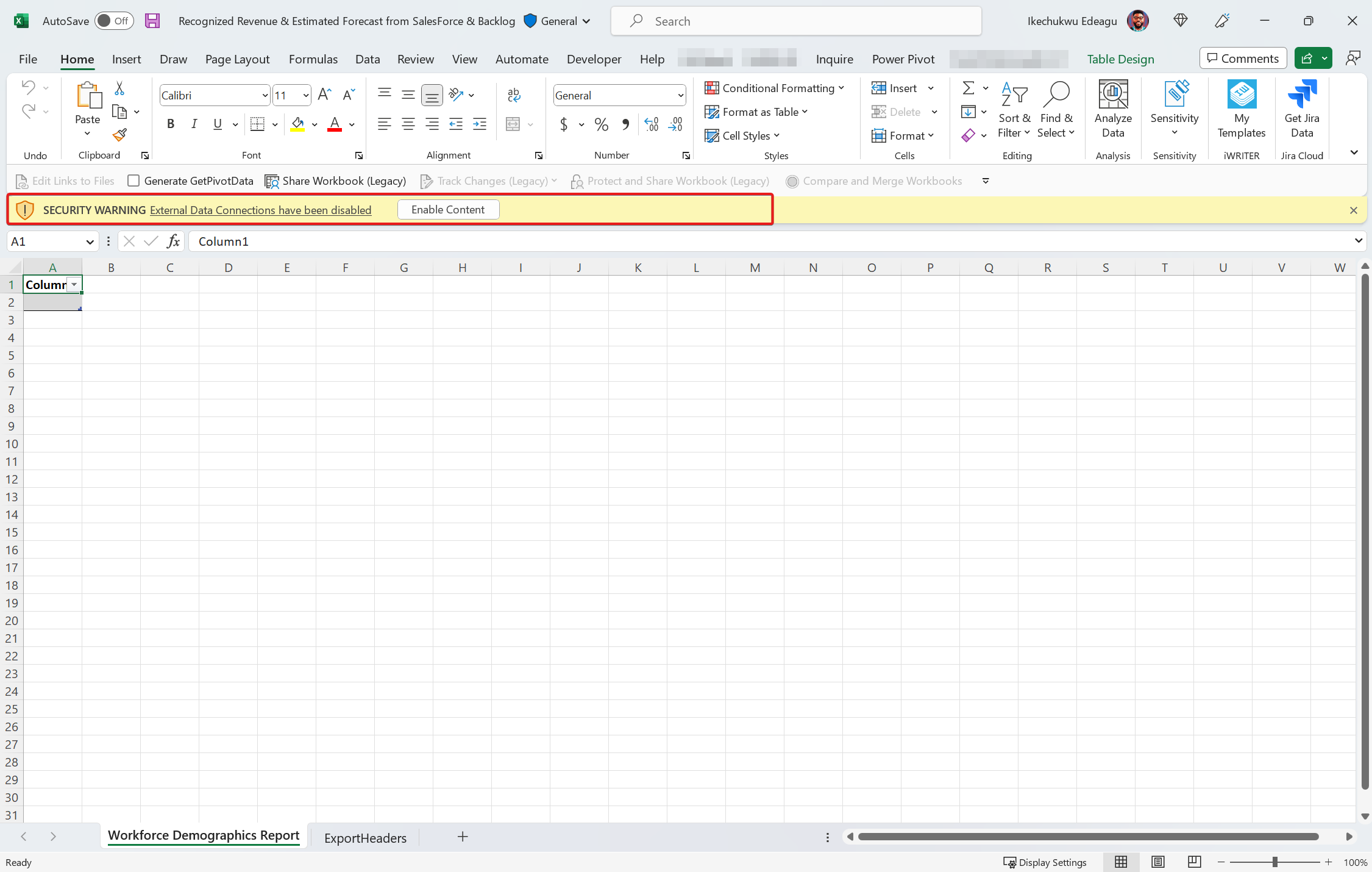 An Excel workbook showing SECURITY WARNING 