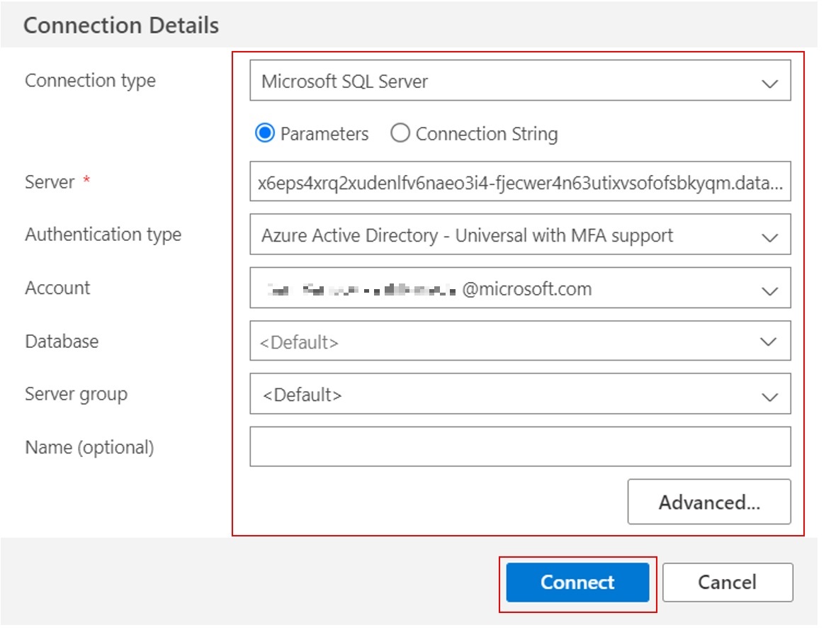 Azure Data Studio Connection Details