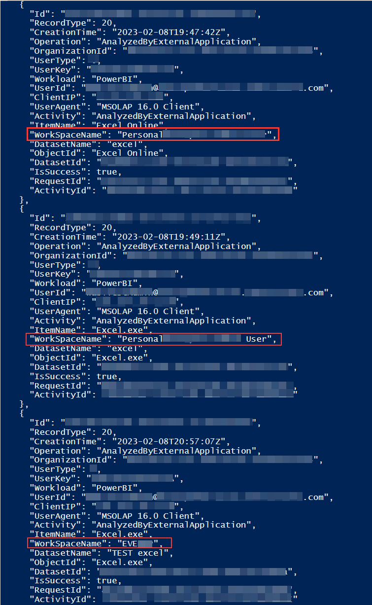 Power BI activity log script results in PowerShell