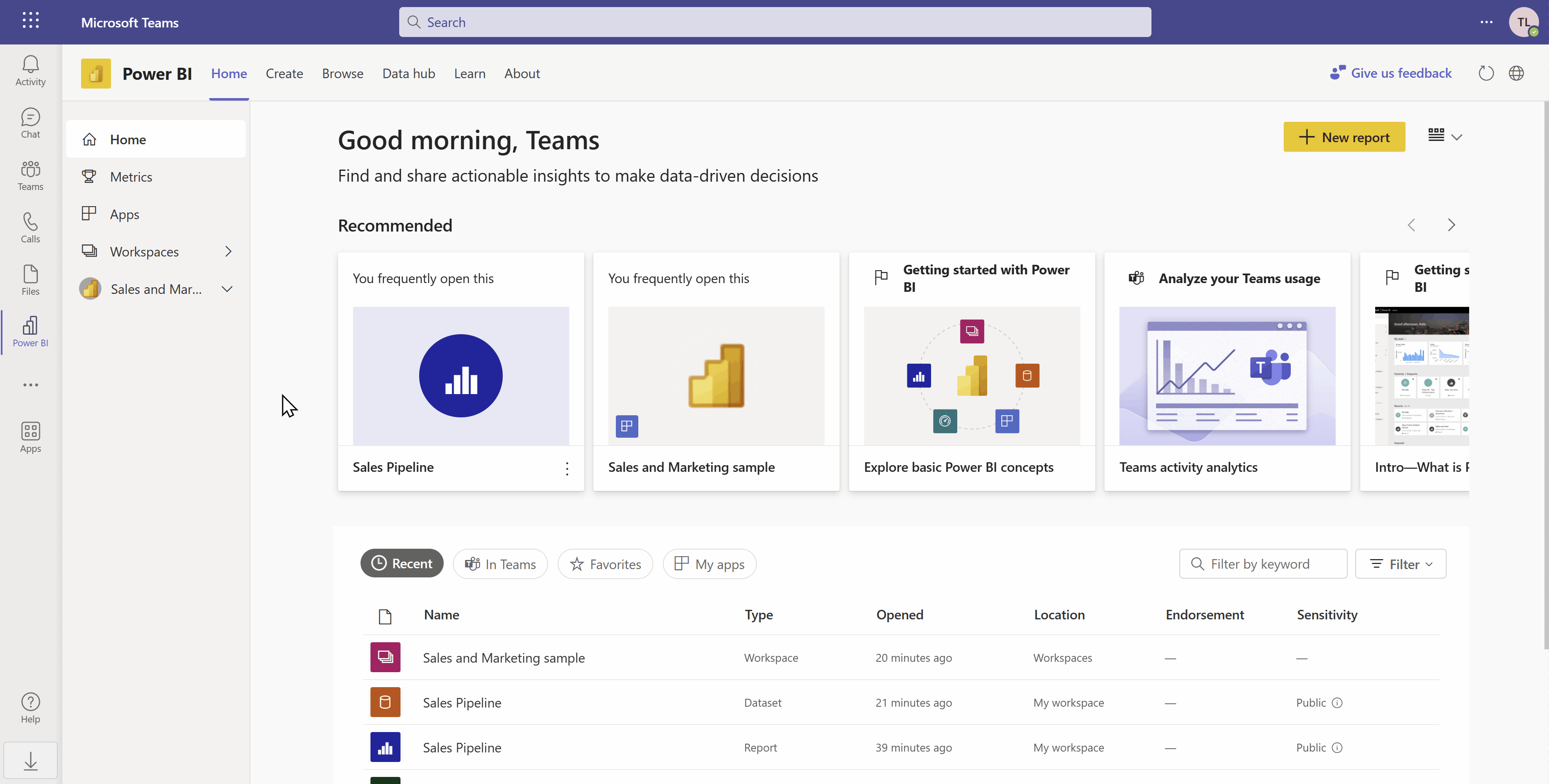 Animated GIF showing a user navigating from the Power BI app to various part of Microsoft Teams like chat and back again. The user's is taken back to where they left off like to report or to the datahub dataset details page.