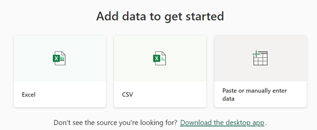 Image of the Excel, CSV, and Enter Data options on the new page you will be able to access from the New Dataset option in workspaces. 