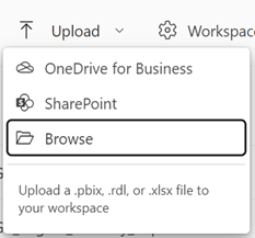 Image of the new File Upload button in workspaces in the Power BI service