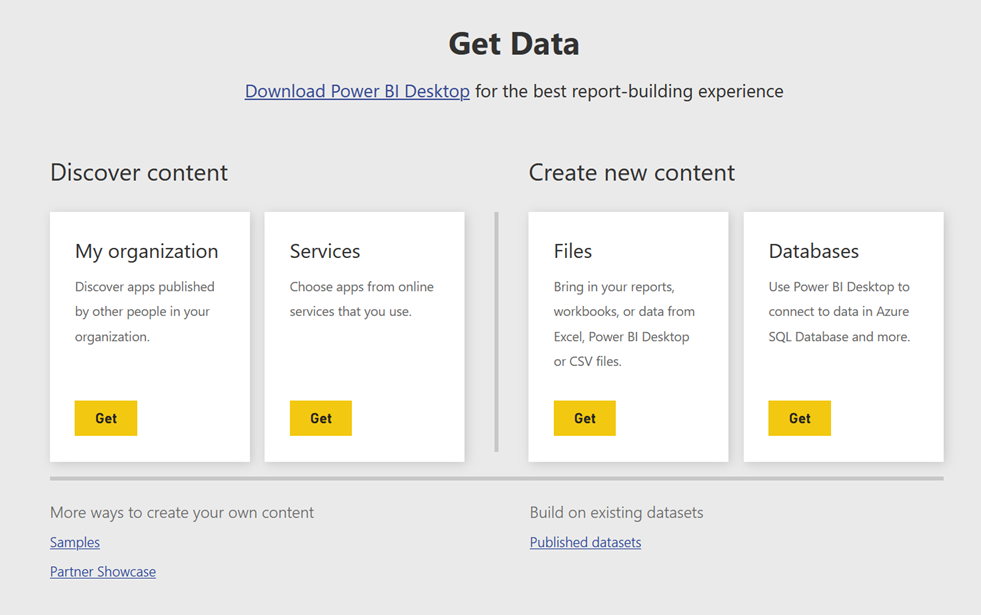 Image of the old Get Data page in the Power BI service