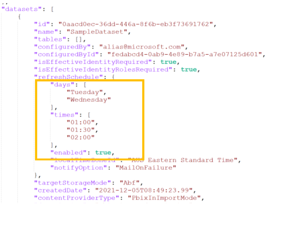 example for scheduled refresh settings for Power BI models (dataset, dataflow, datamart)