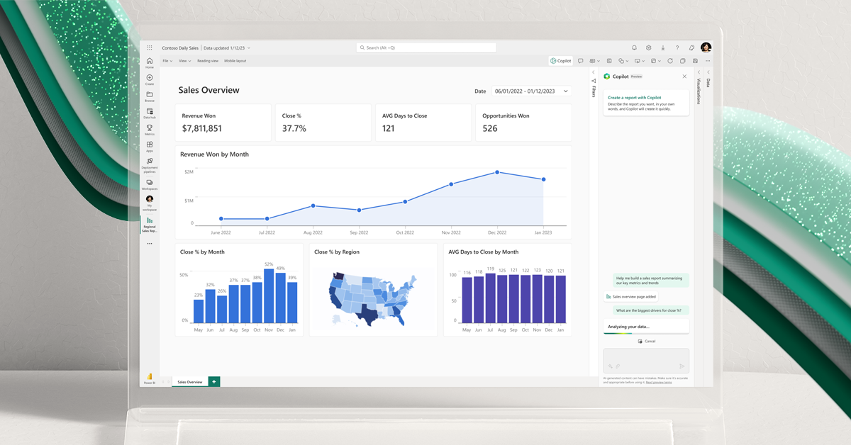 Screenshot of a Power BI report being created by the Copilot in Power BI generative AI experience with a ribbon graphic in the background. 