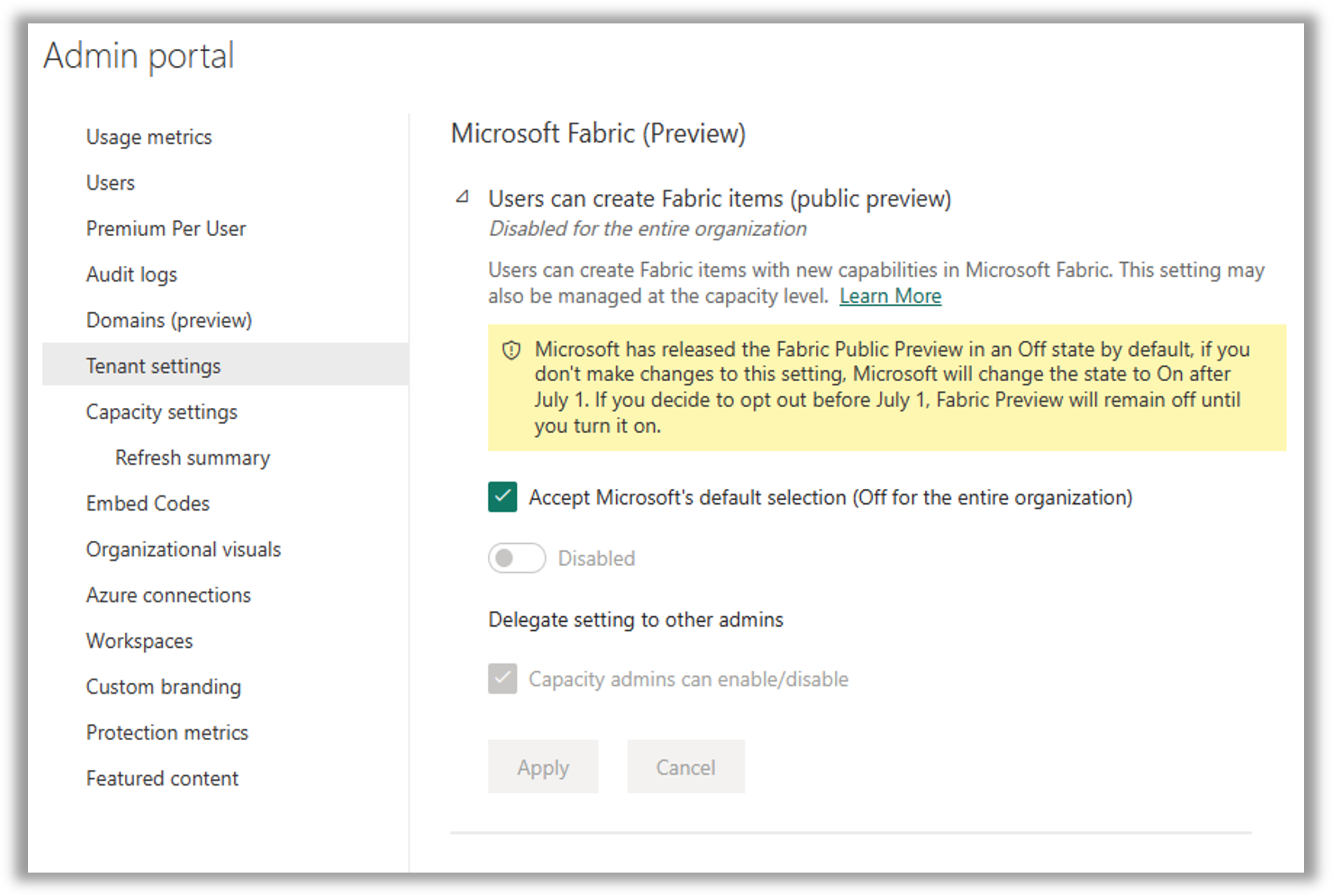 Screenshot of the Power BI Admin Portal, in the Tenant settings tab with the option to turn on or off the Microsoft Fabric Preview experience. 