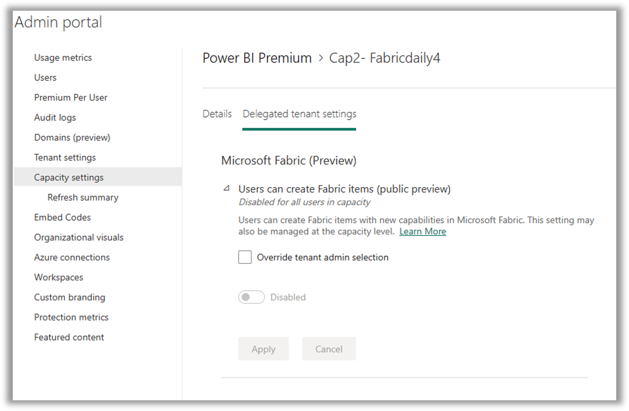 Screenshot of the Power BI Admin Portal, in the Tenant settings tab with the option to turn on or off the Microsoft Fabric Preview experience for specific groups within an organization. 