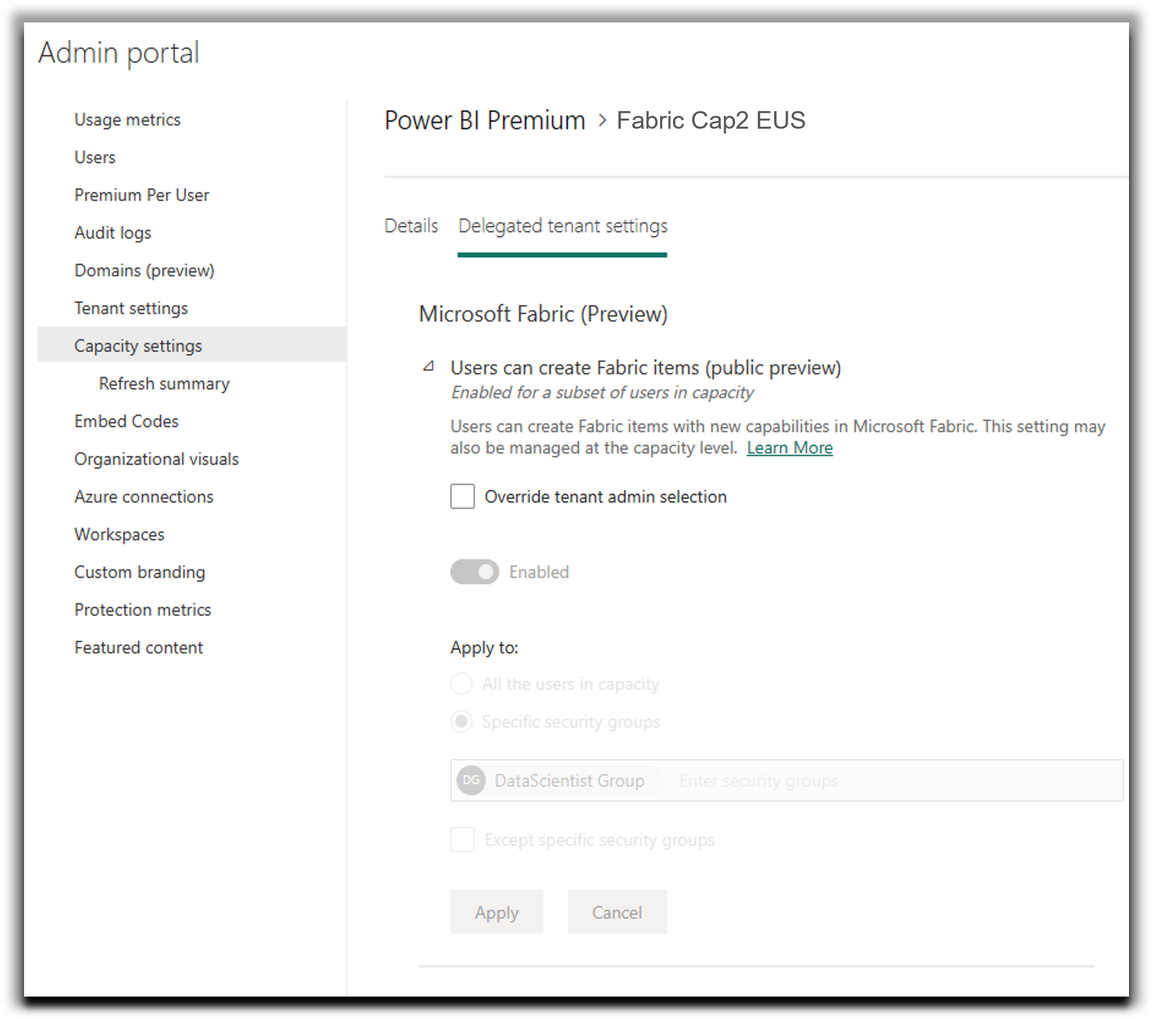 Screenshot of the Power BI Admin Portal, in the Capacity settings tab with the option to turn on or off the Microsoft Fabric Preview experience for specific capacities within a tenant. 